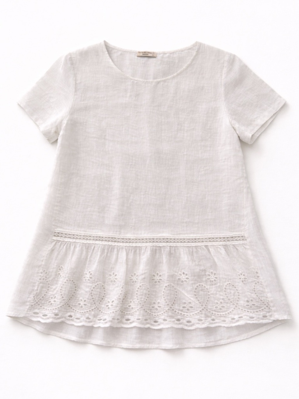 Italian Linen Blouse L White Eyelet Lace Peplum Boho Summer Top